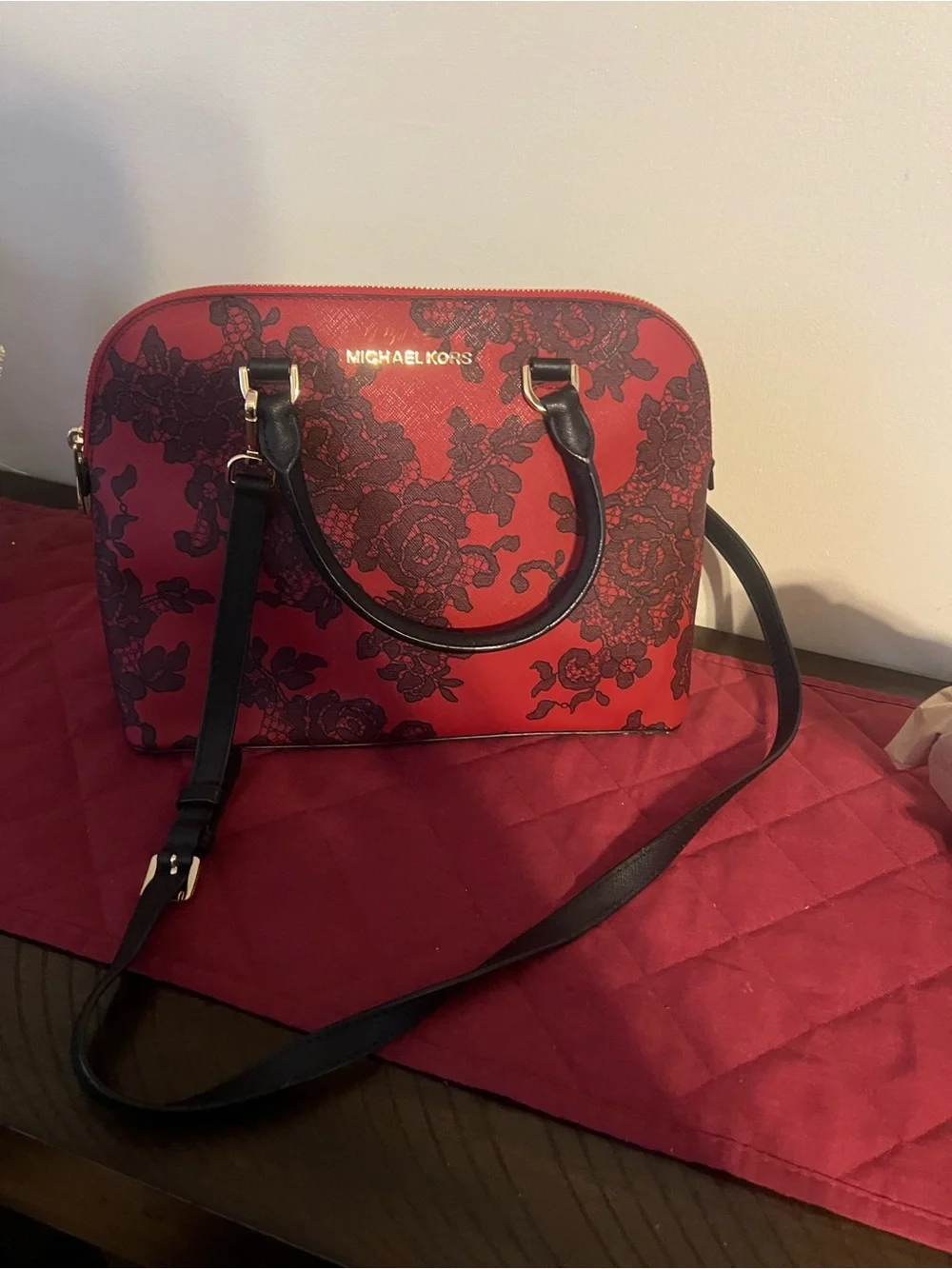 Michael Kors Red Floral Crossbody Satchel with Black Accents